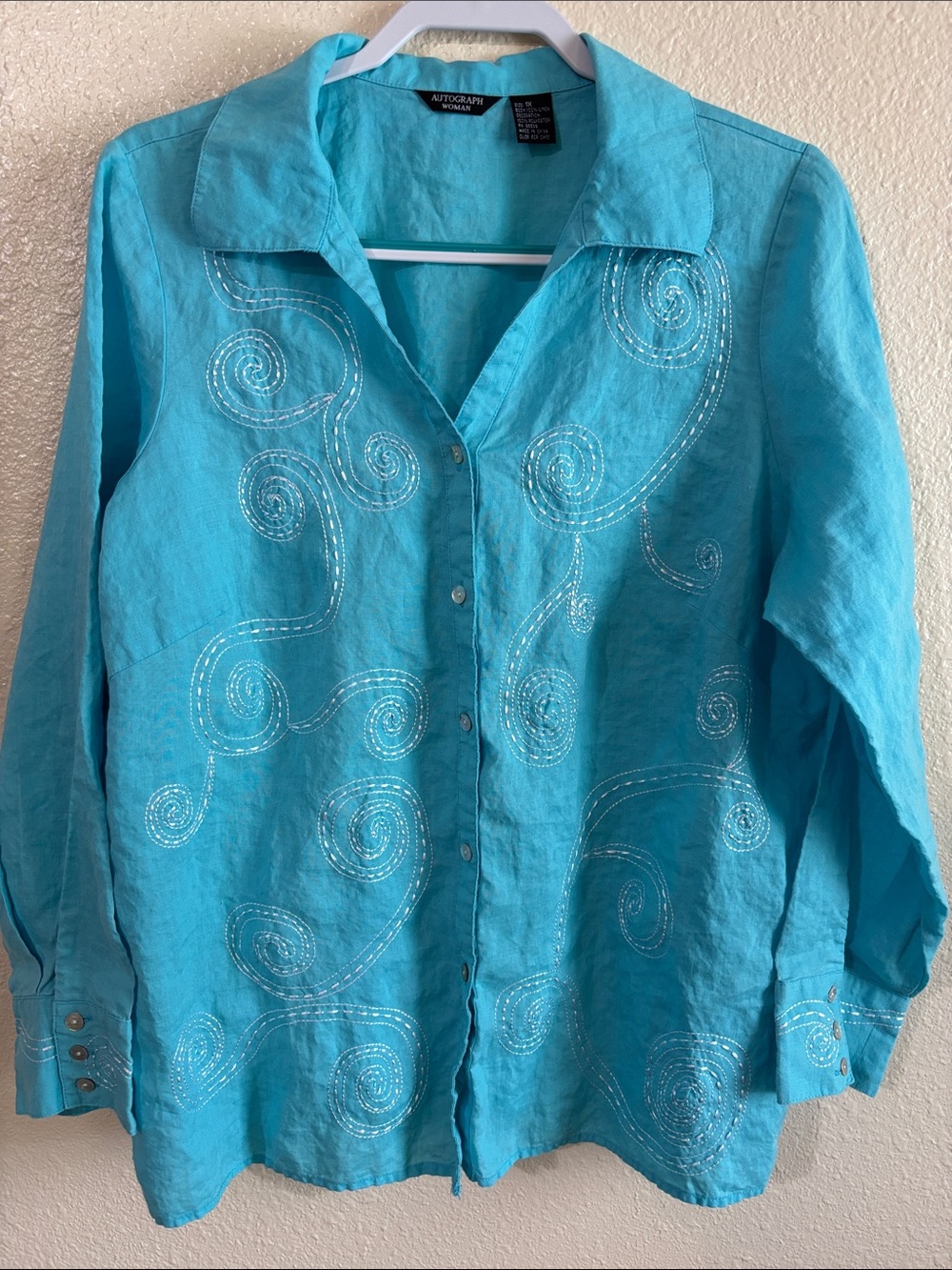 Autograph Turquoise Embroidered Button-Up Linen Shirt Size 1X